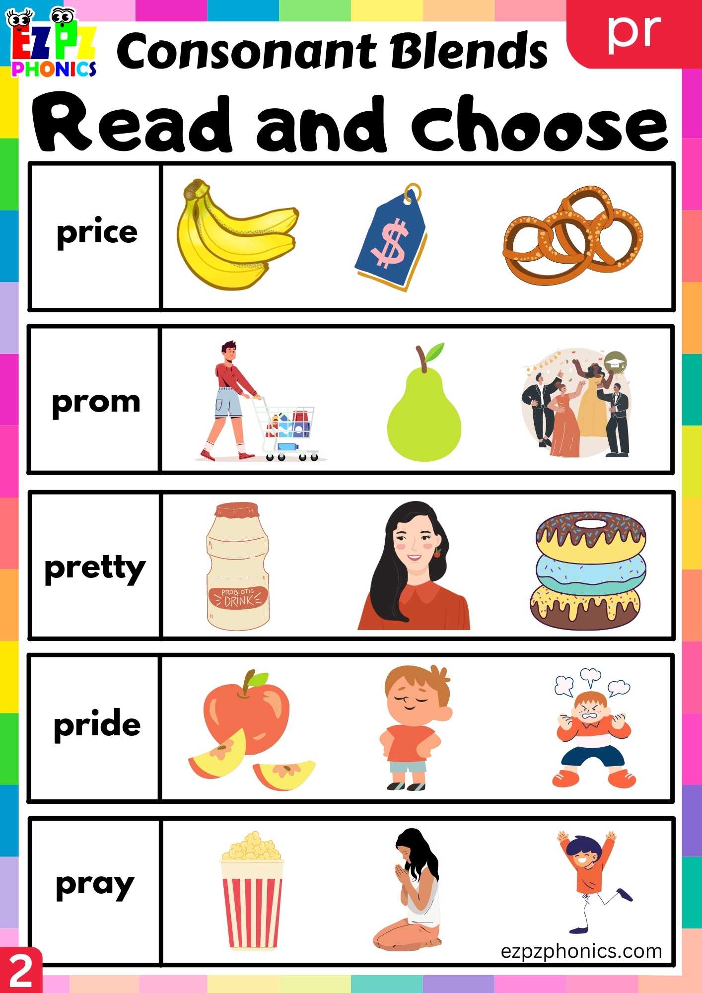 Group2 PR Words Read And Choose Phonics Consonant Blends Worksheet